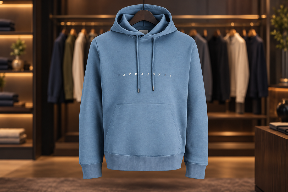 Hanorac albastru JACK & JONES prezentat integral într-un decor de boutique