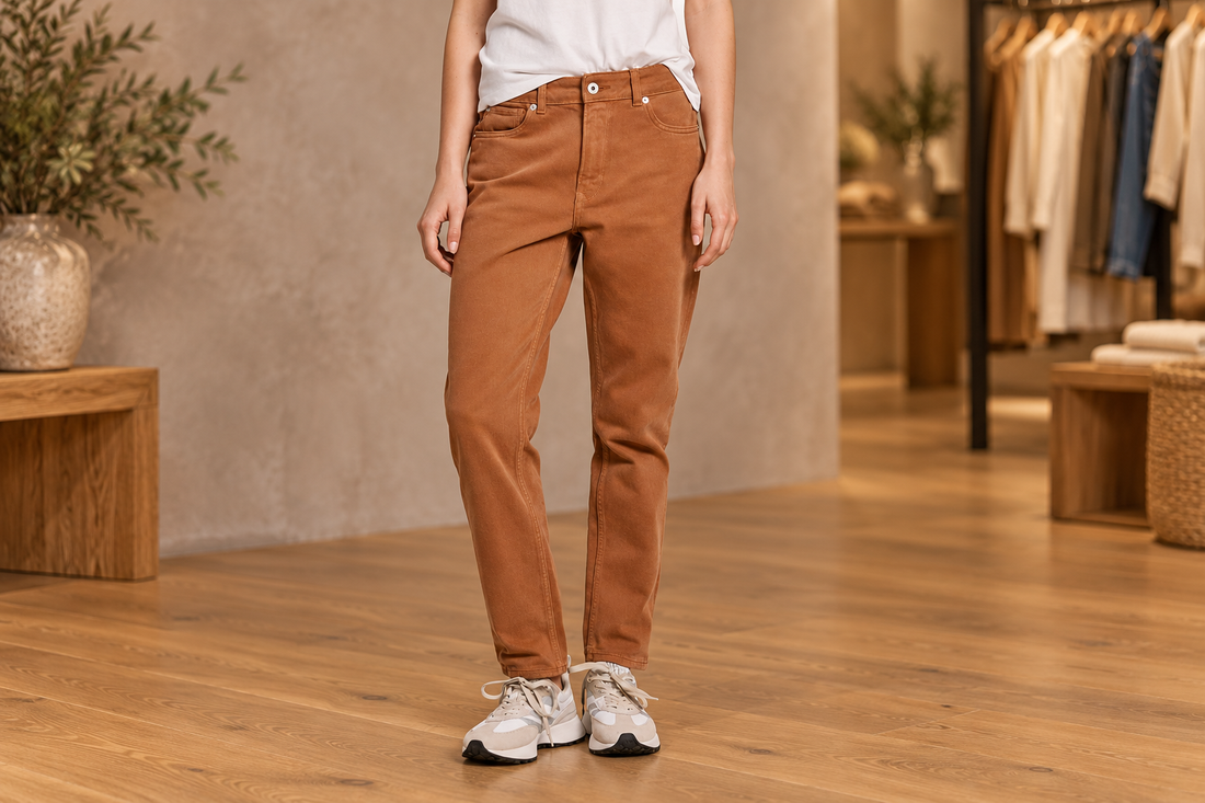 Blugi maro Pepe Jeans cu talie înaltă, prezentați integral într-un decor de boutique