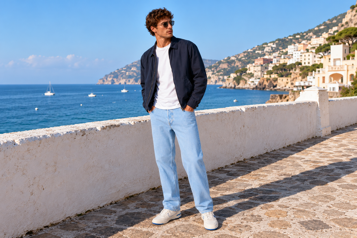 Blugi JACK & JONES Plus Chris prezentați integral pe model, într-un decor de coastă