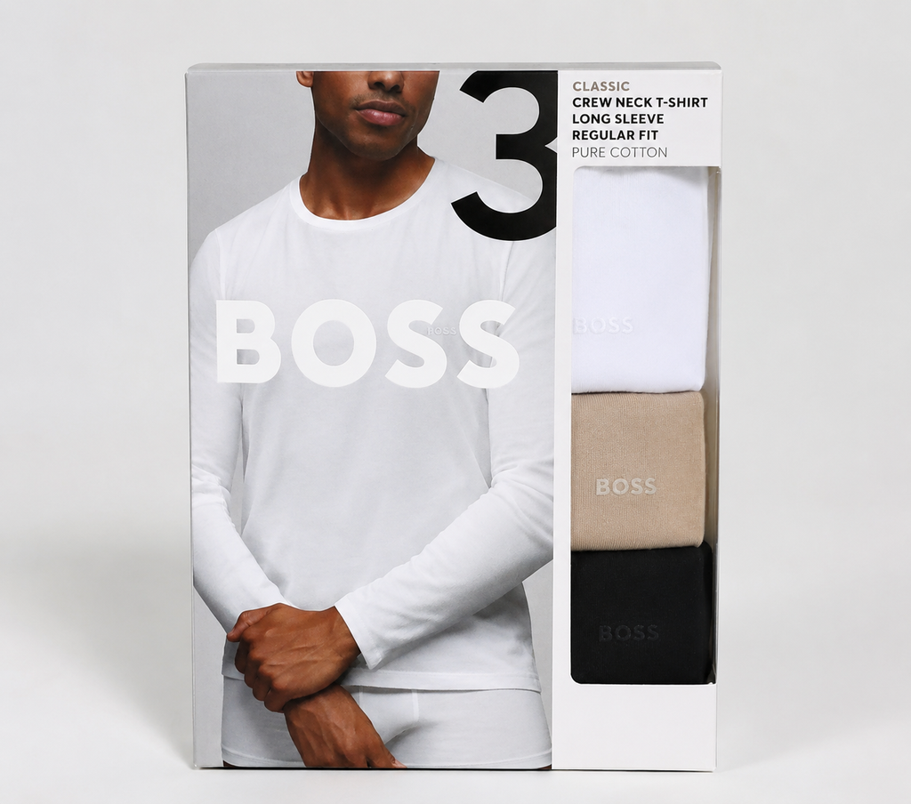 BOSS Set 3 Tricouri Mânecă Lungă Bărbați 100% Bumbac Original