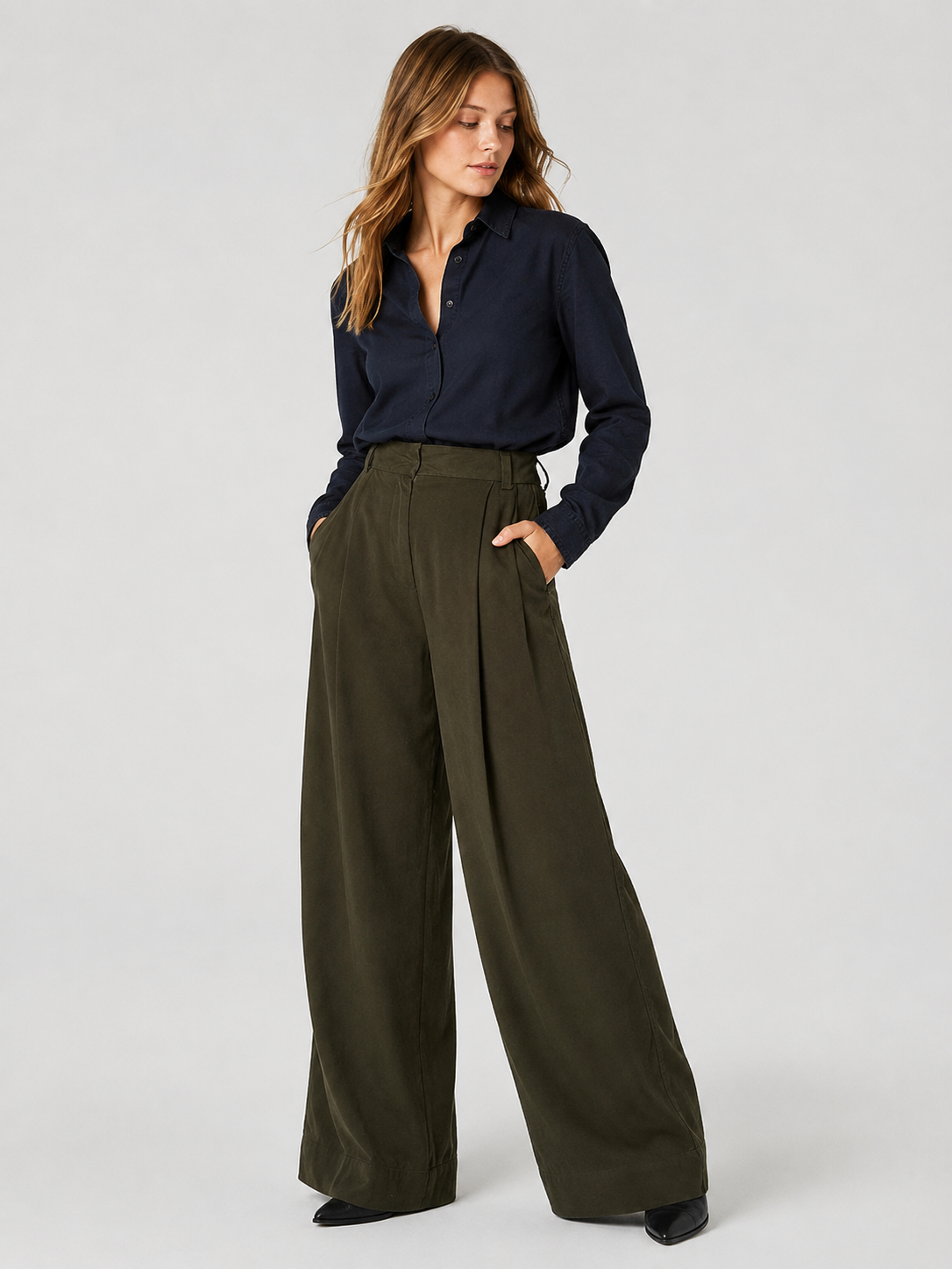 Pantaloni damă Kings of Indigo Rapunzel Wide Leg din Tencel, Olive Drab