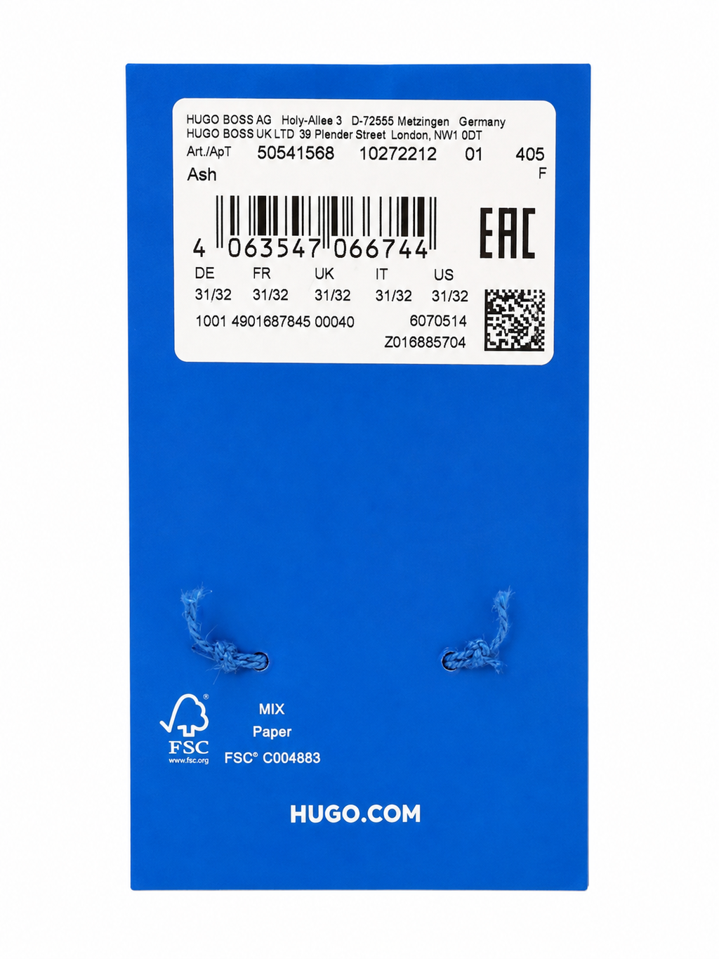 Blugi HUGO Blue Ash bărbați Slim Fit
