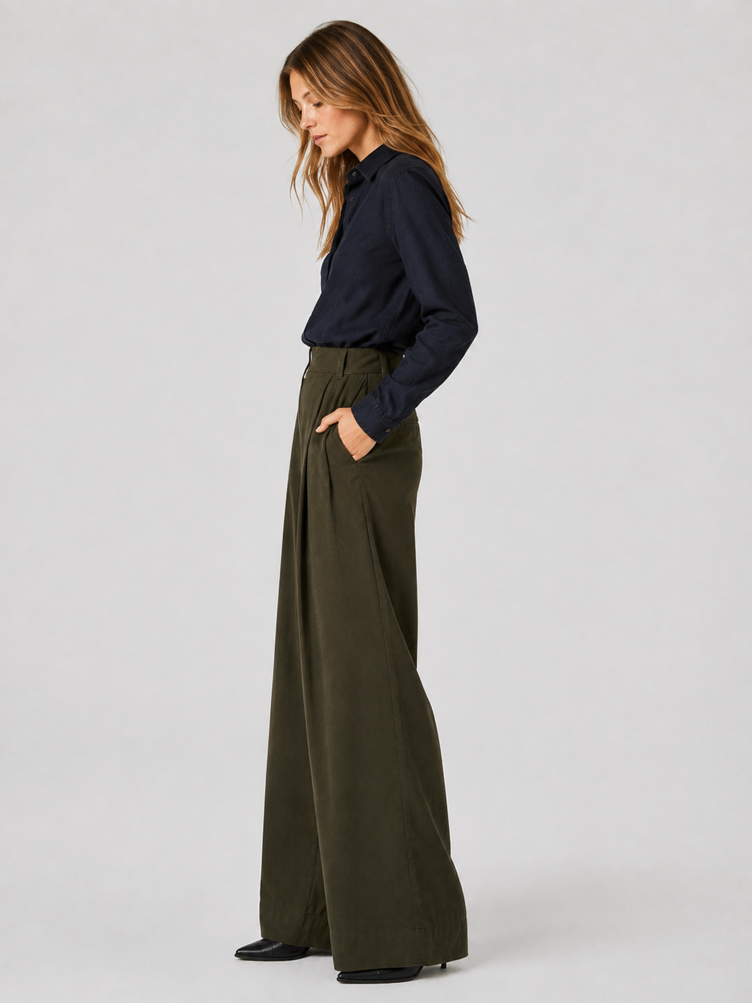 Pantaloni damă Kings of Indigo Rapunzel Wide Leg din Tencel, Olive Drab