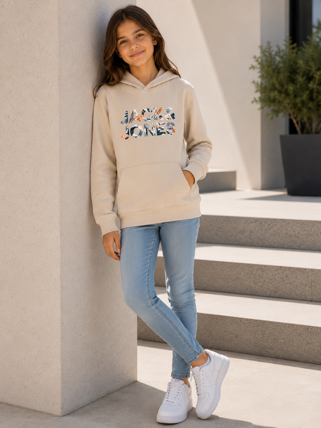 Hanorac copii Jack & Jones Junior JJEART Corp Logo cu glugă, Moonbeam, 100% bumbac