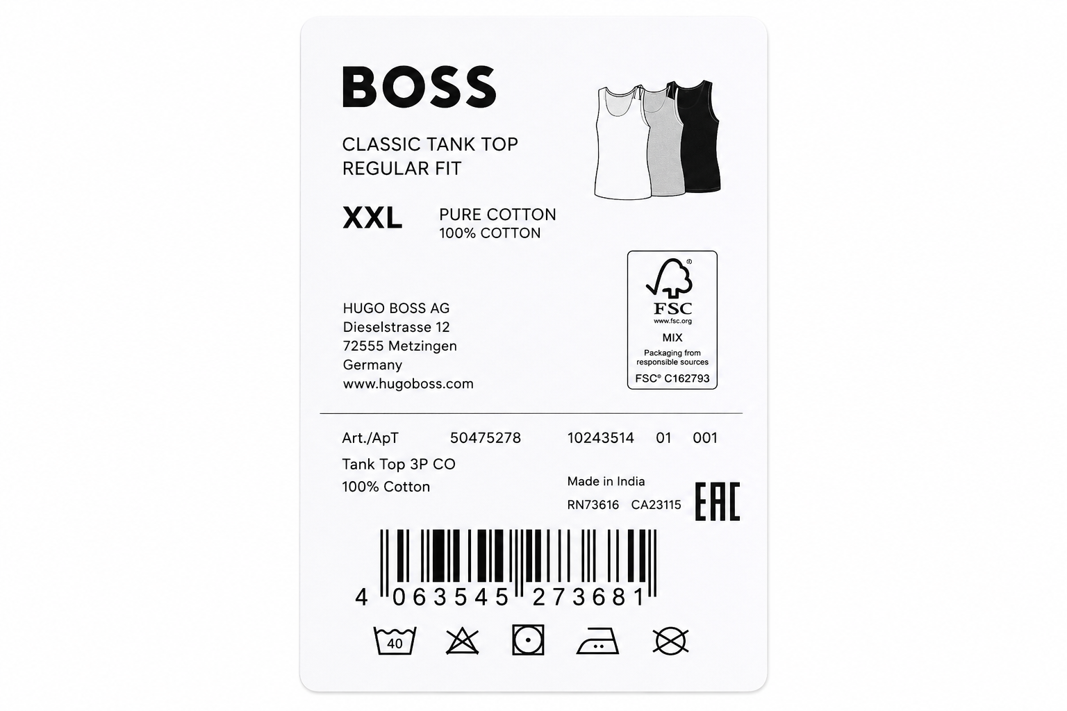 Maiou BOSS bărbați Classic Tank Top Regular Fit 3 buc Pure Cotton