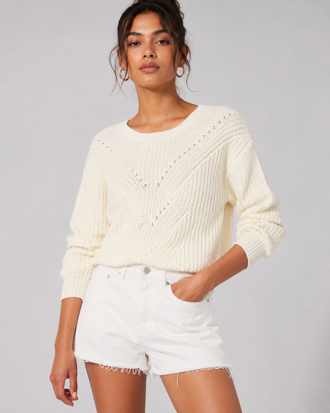 Pulover tricotat The Drop femei Selena Cable Front Cropped – Whisper White
