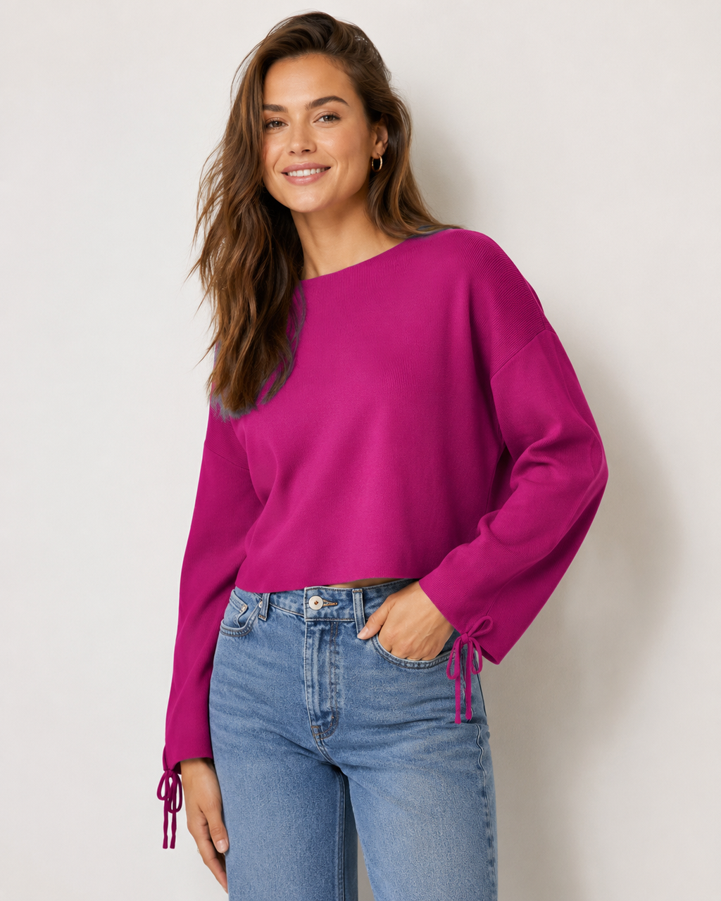 Pulover tricotat damă JJXX JXDAHLIA cu decolteu rotund, Fuchsia Red