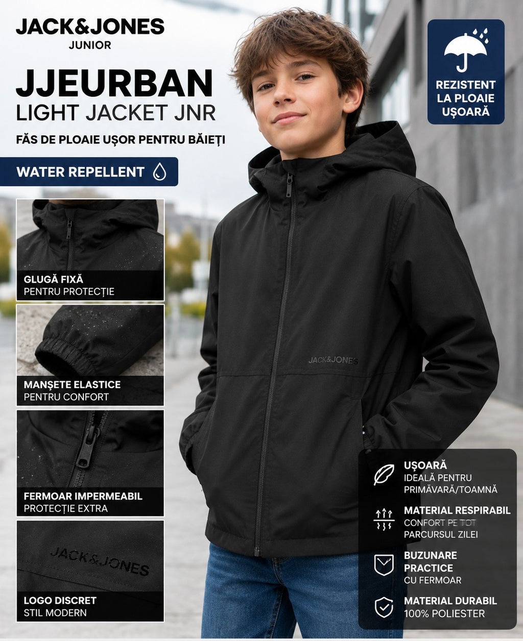 Jack & Jones Junior – Geacă ușoară impermeabilă pentru băieți, cu glugă – Negru