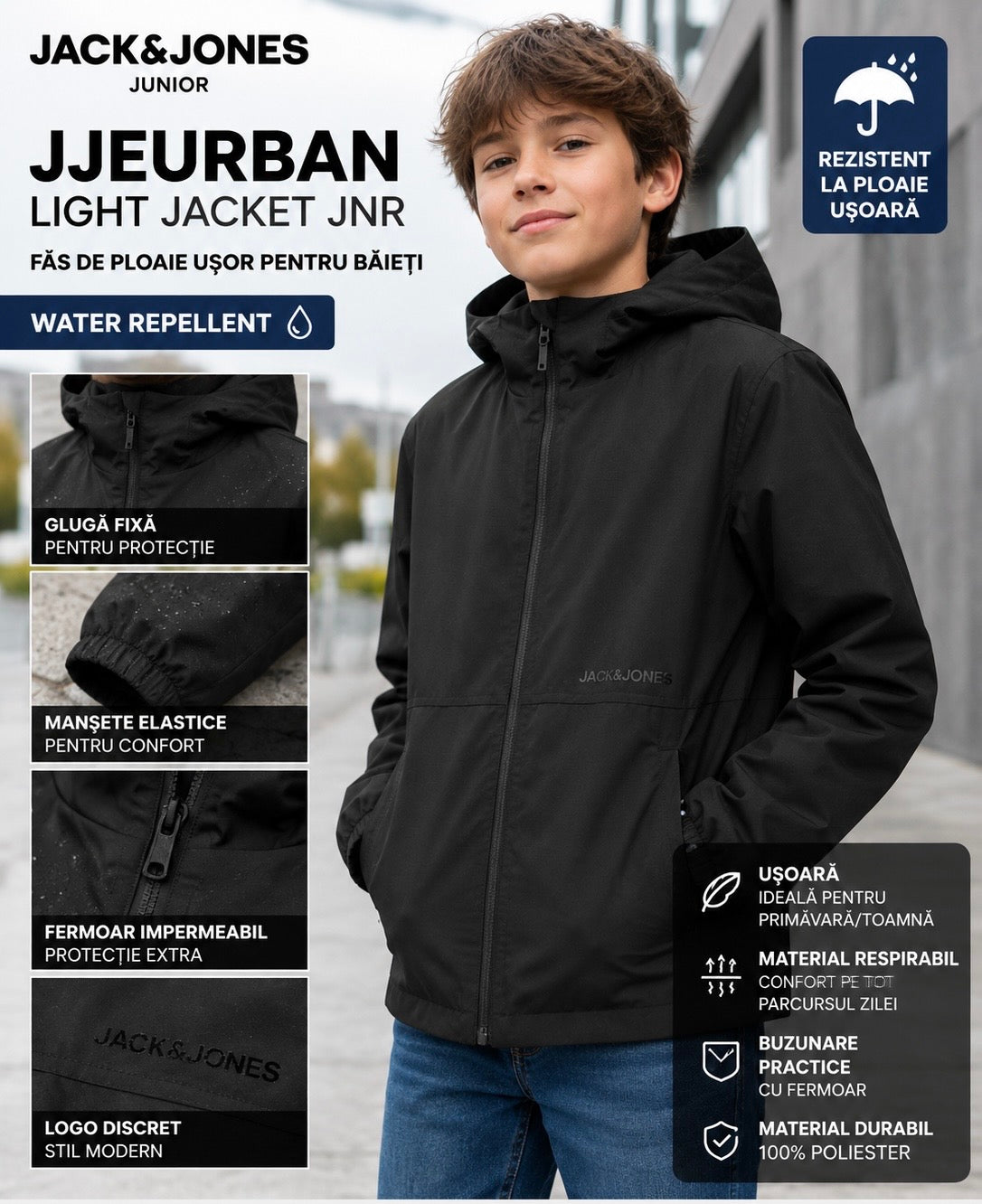 Jack & Jones Junior – Geacă ușoară impermeabilă pentru băieți, cu glugă – Negru