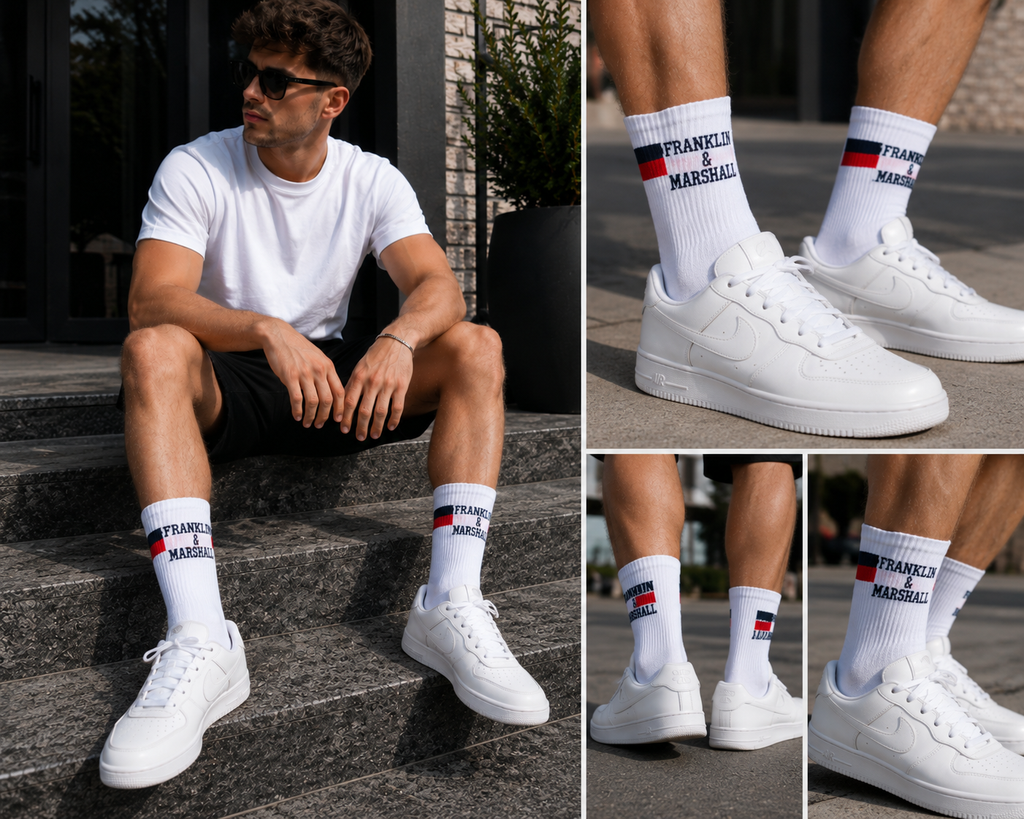 Franklin & Marshall Set șosete bărbați 2 perechi Crew Socks albe 43-46