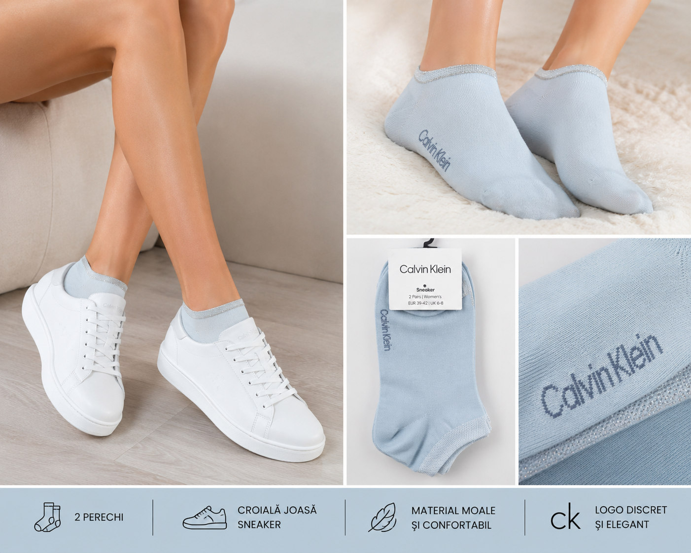 Șosete Calvin Klein Sneaker Shiny Logo damă 2 perechi Light Blue