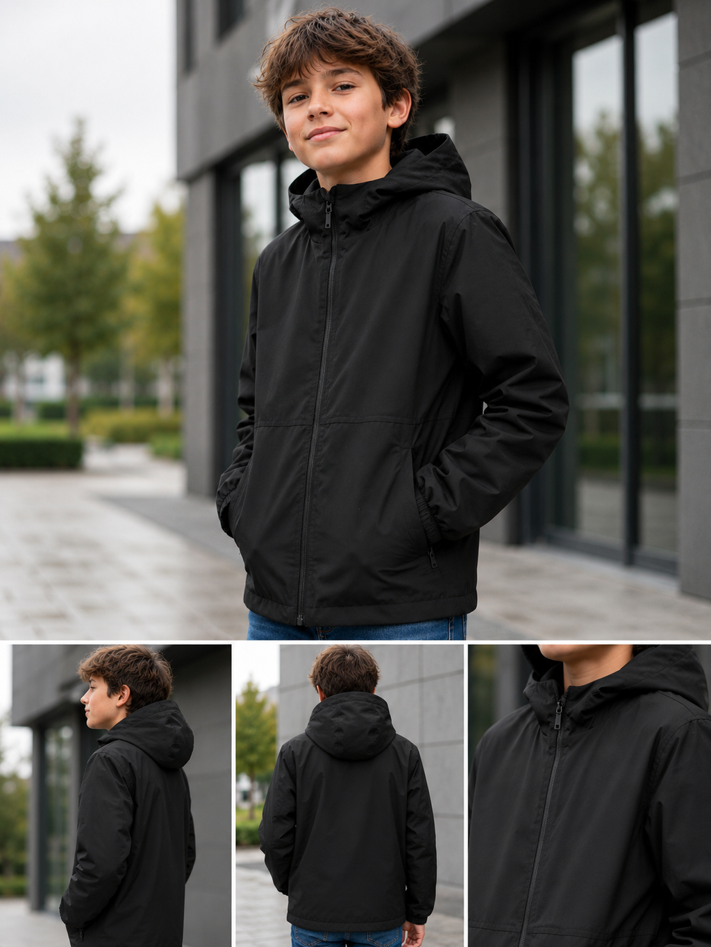 Jack & Jones Junior – Geacă ușoară impermeabilă pentru băieți, cu glugă – Negru