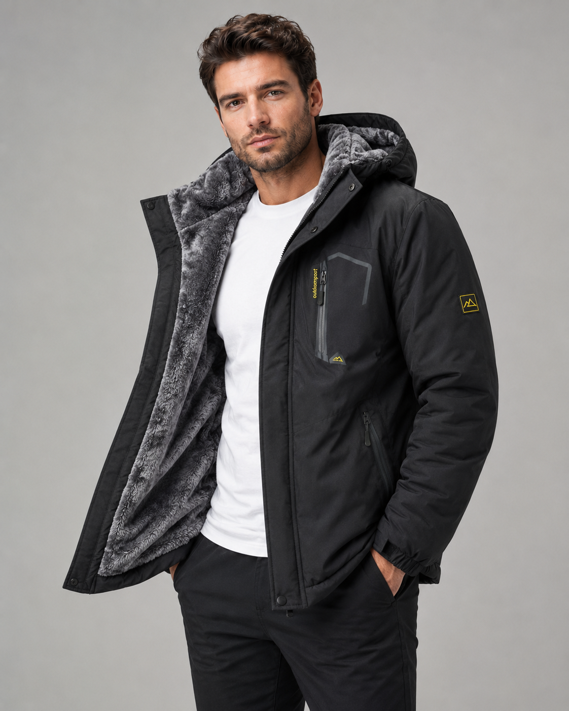 Geacă de iarnă softshell pentru bărbați KEFITEVD cu glugă detașabilă – Negru