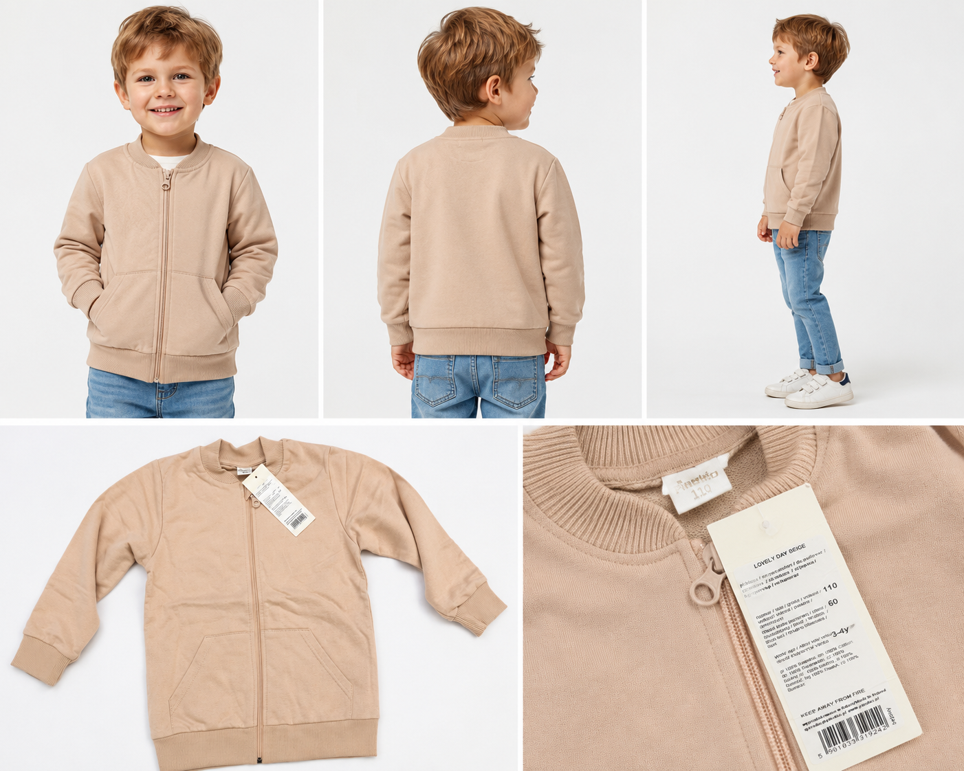 Hanorac copii Pinokio Lovely Day cu fermoar, 100% bumbac, bej