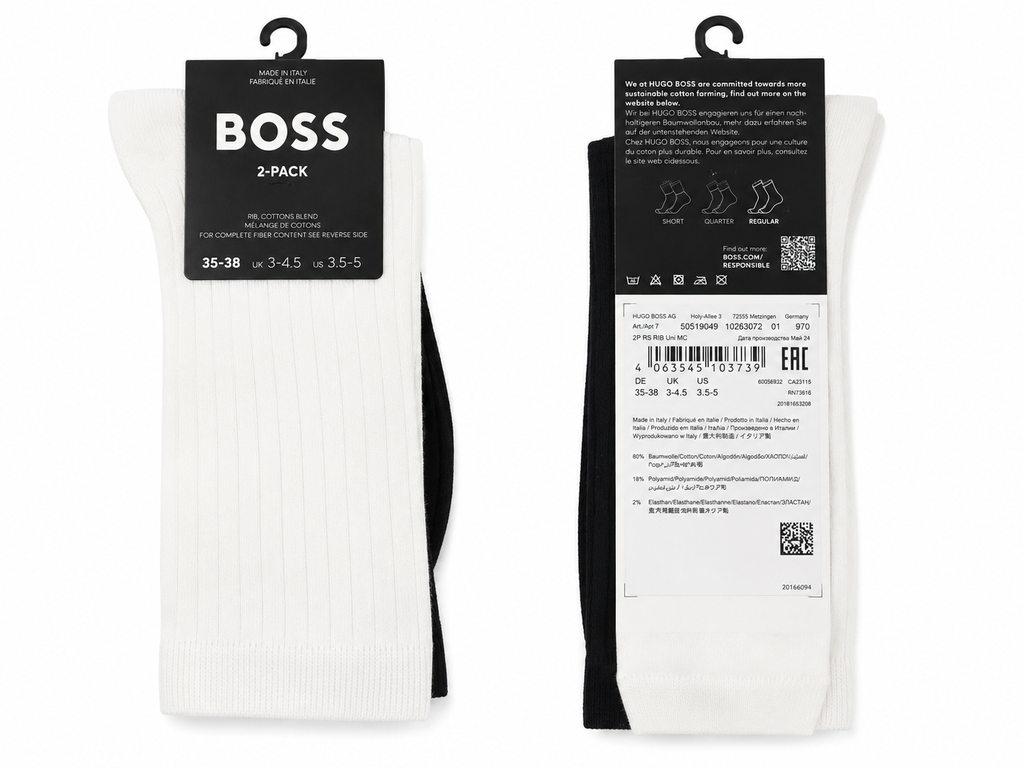 Șosete BOSS damă Regular Rib din bumbac – Set 2 perechi Alb/Negru