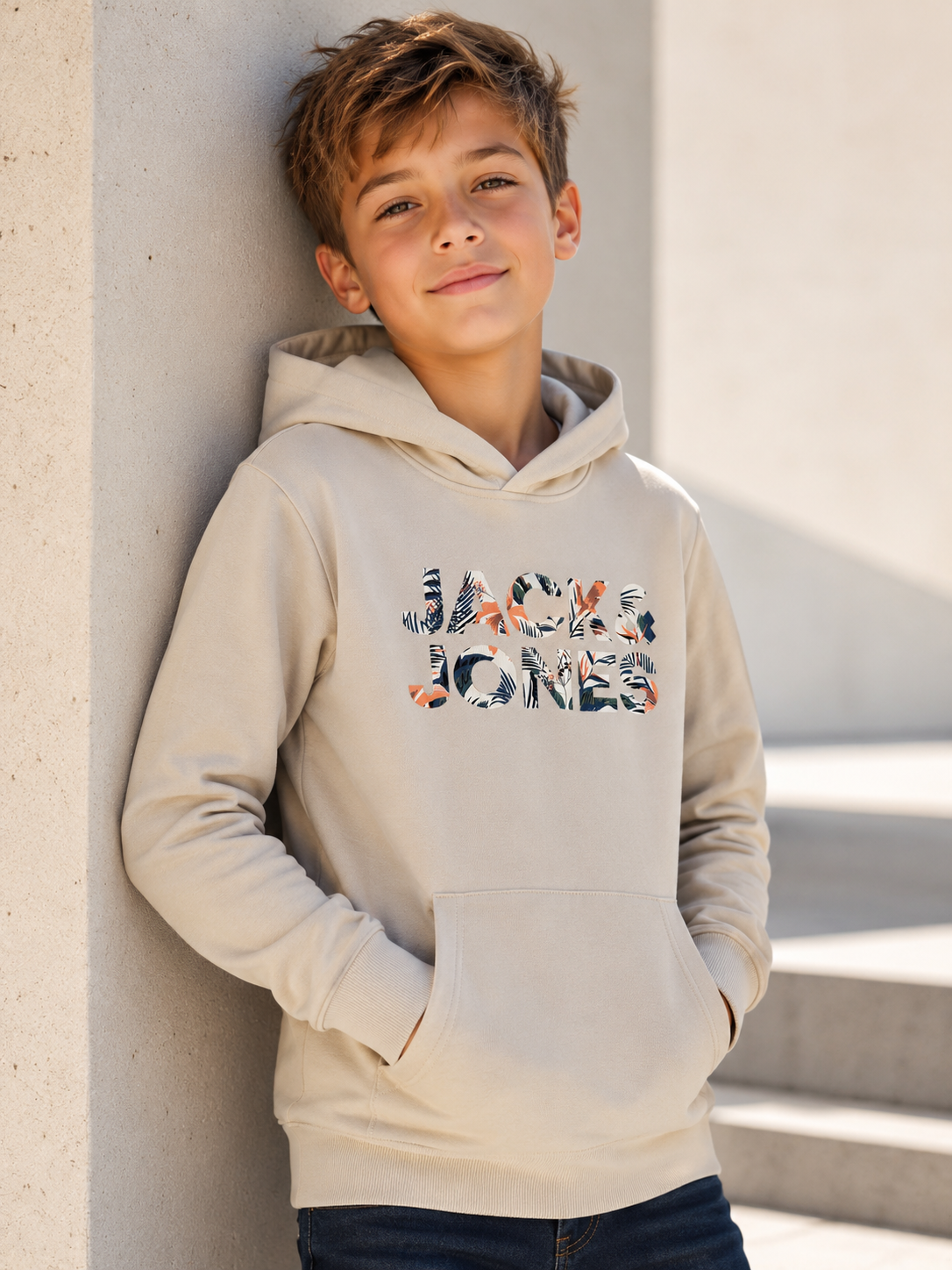 Hanorac copii Jack & Jones Junior JJEART Corp Logo cu glugă, Moonbeam, 100% bumbac