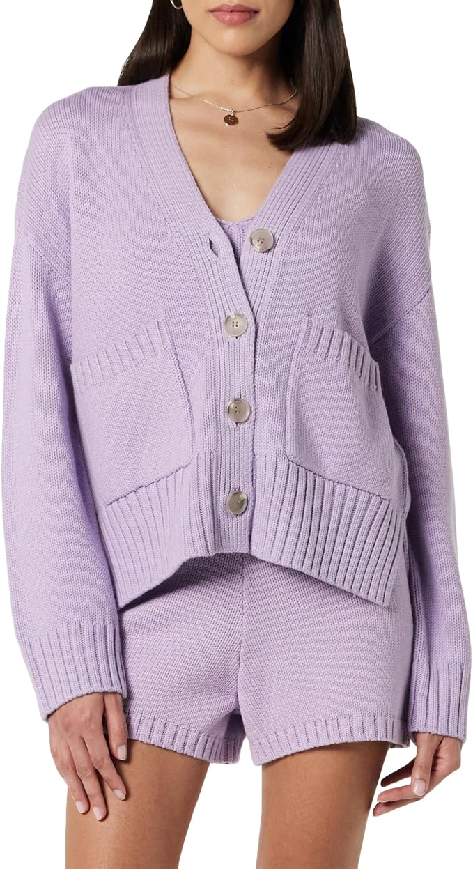 Cardigan damă The Drop Brigitte tricotat cu nasturi și buzunare – Digital Lavender