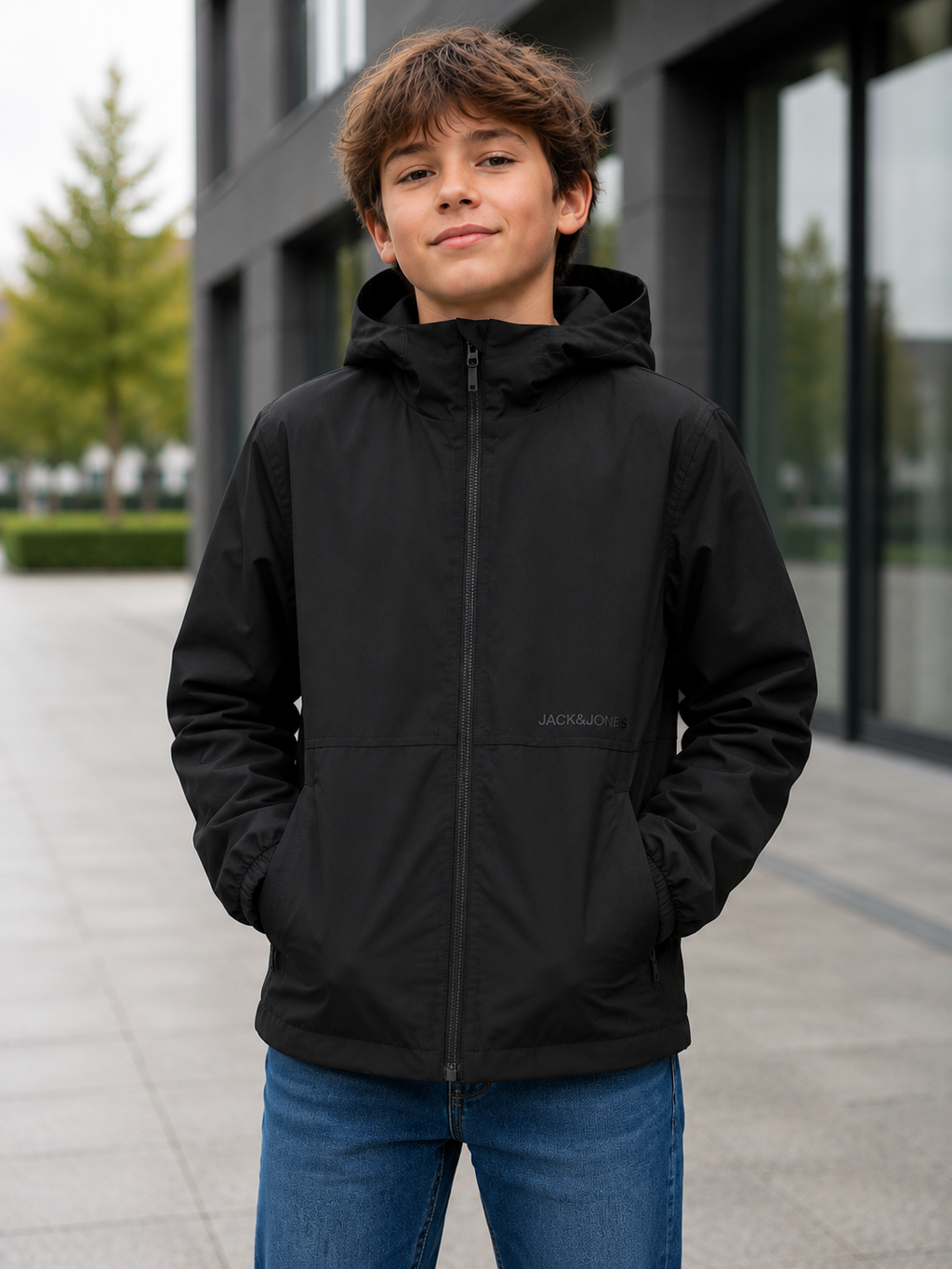 Jack & Jones Junior – Geacă ușoară impermeabilă pentru băieți, cu glugă – Negru