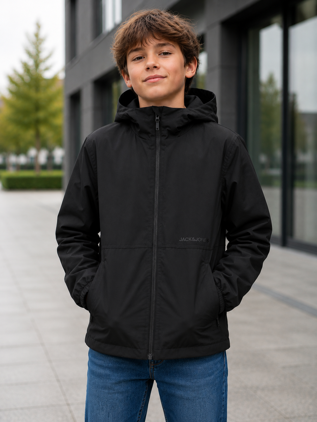 Jack & Jones Junior – Geacă ușoară impermeabilă pentru băieți, cu glugă – Negru