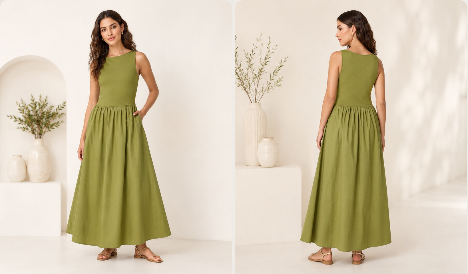 The Drop Martini Maxi Dress Olive – Rochie Lungă din Bumbac Premium