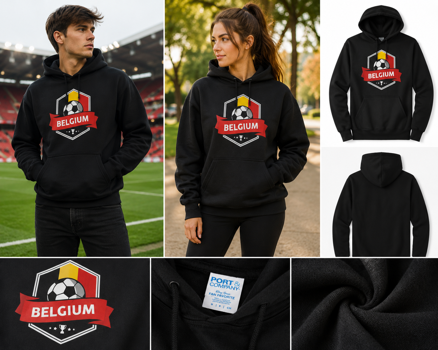 Hanorac Unisex Port & Company Belgium Football cu Glugă Negru