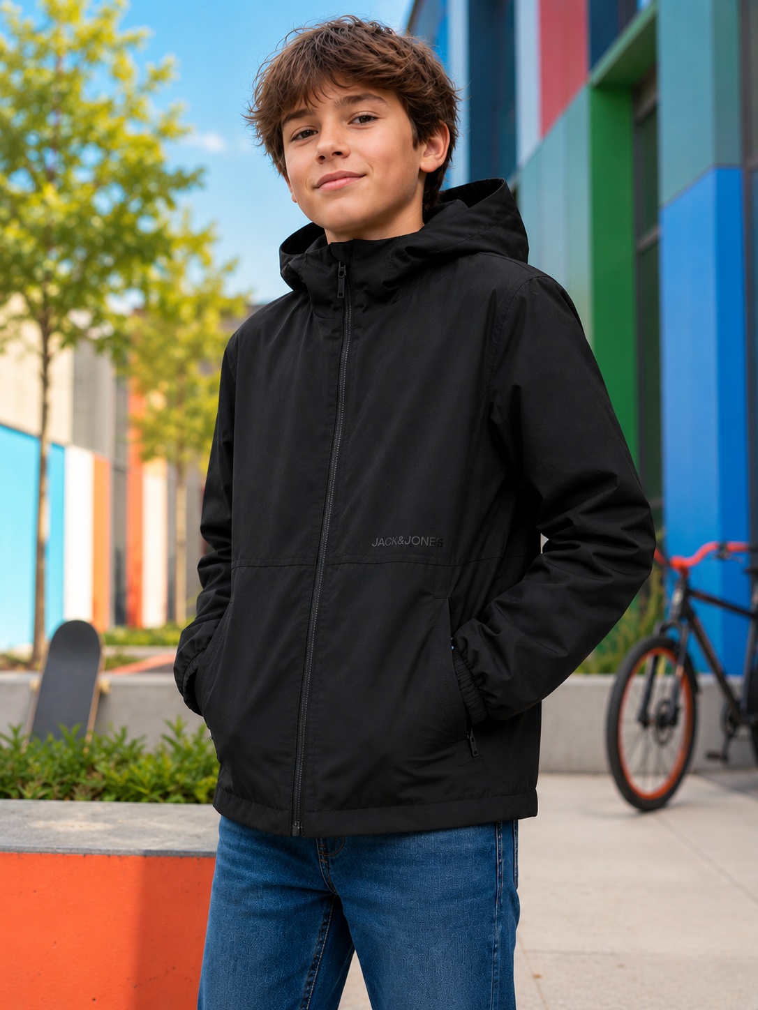 Jack & Jones Junior – Geacă ușoară impermeabilă pentru băieți, cu glugă – Negru