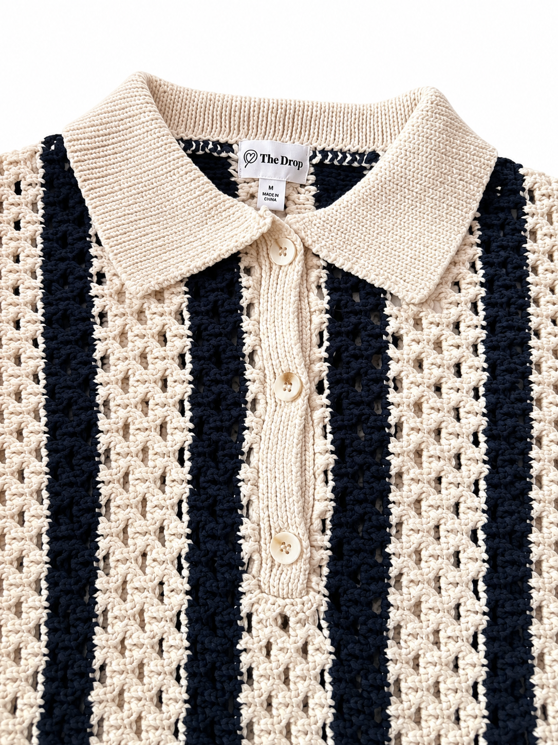Rochie Crochet 100% Bumbac cu Guler Polo, Crem & Bleumarin- The Drop, Design premium • 100% bumbac • Eleganță casual pentru sezonul cald