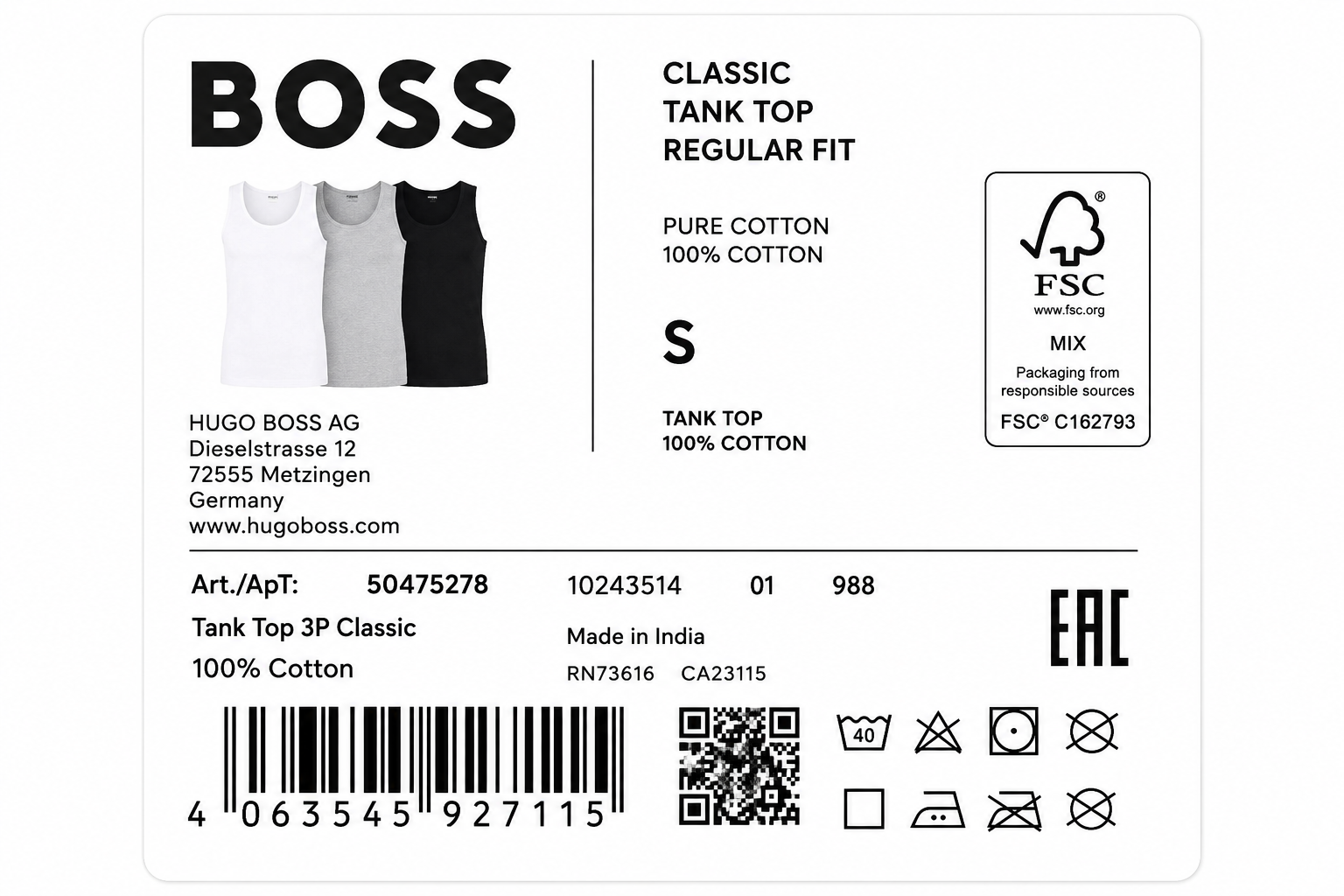 Maiou BOSS bărbați Classic Tank Top Regular Fit 3 buc Pure Cotton
