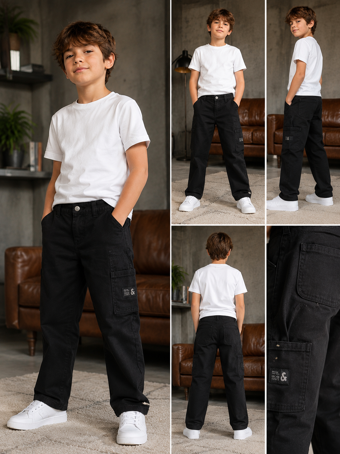 Jack & Jones Junior Carpenter Pants Black – Pantaloni Cargo Băieți – 98% Bumbac