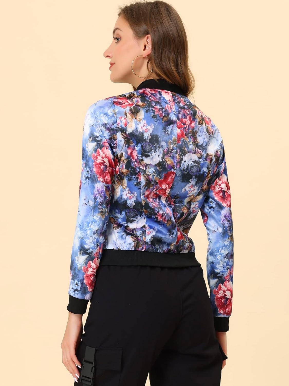 Jachetă bomber Allegra K damă florală albastră cu fermoar