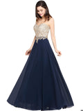 MISSHOW Chic Rochie de seara lunga eleganta sifon cu aplicatii florale albastru-crem