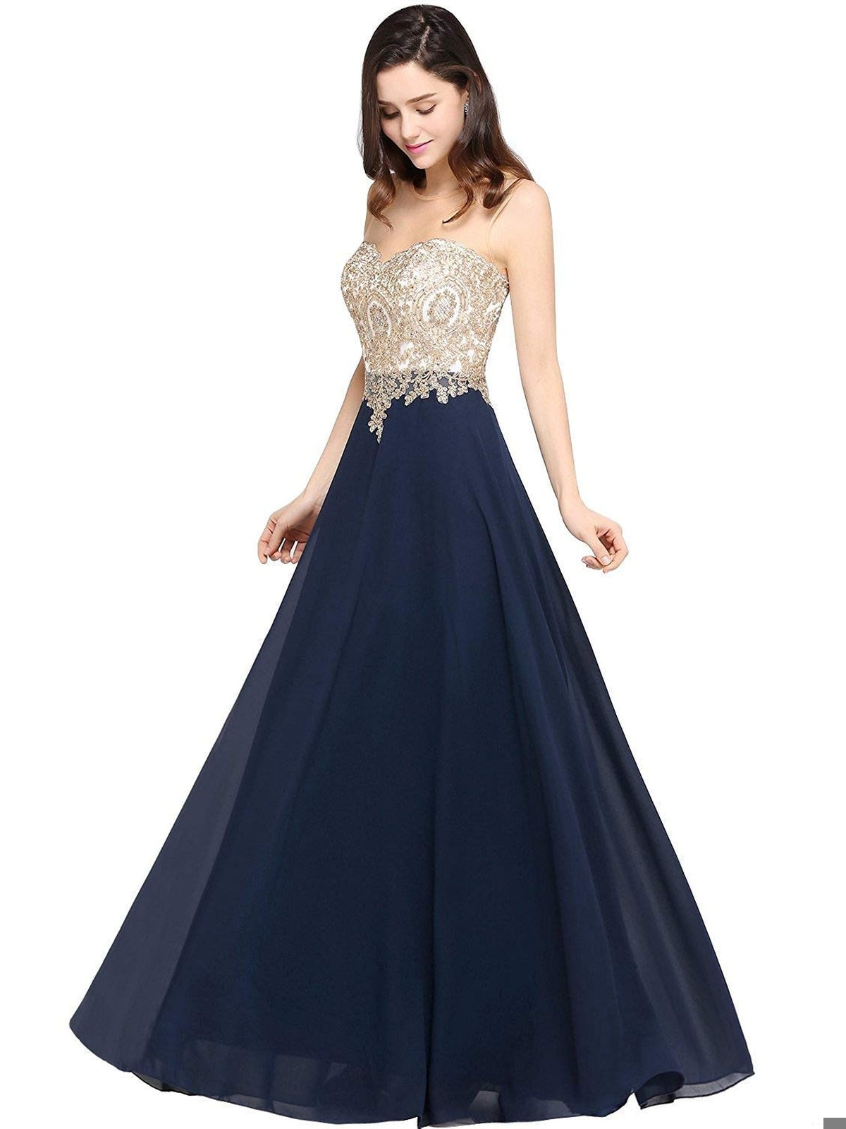 MISSHOW Chic Rochie de seara lunga eleganta sifon cu aplicatii florale albastru-crem