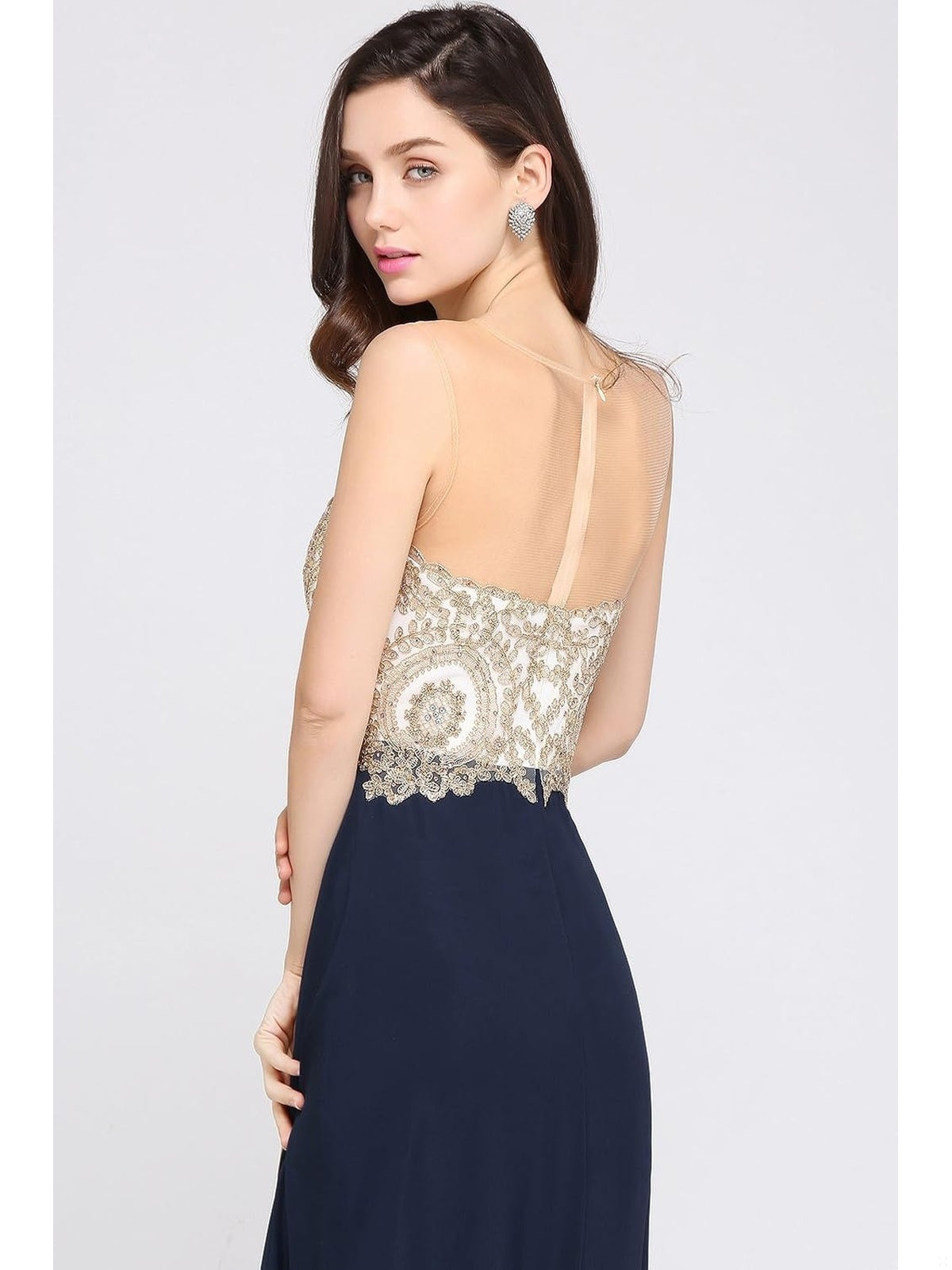 MISSHOW Chic Rochie de seara lunga eleganta sifon cu aplicatii florale albastru-crem