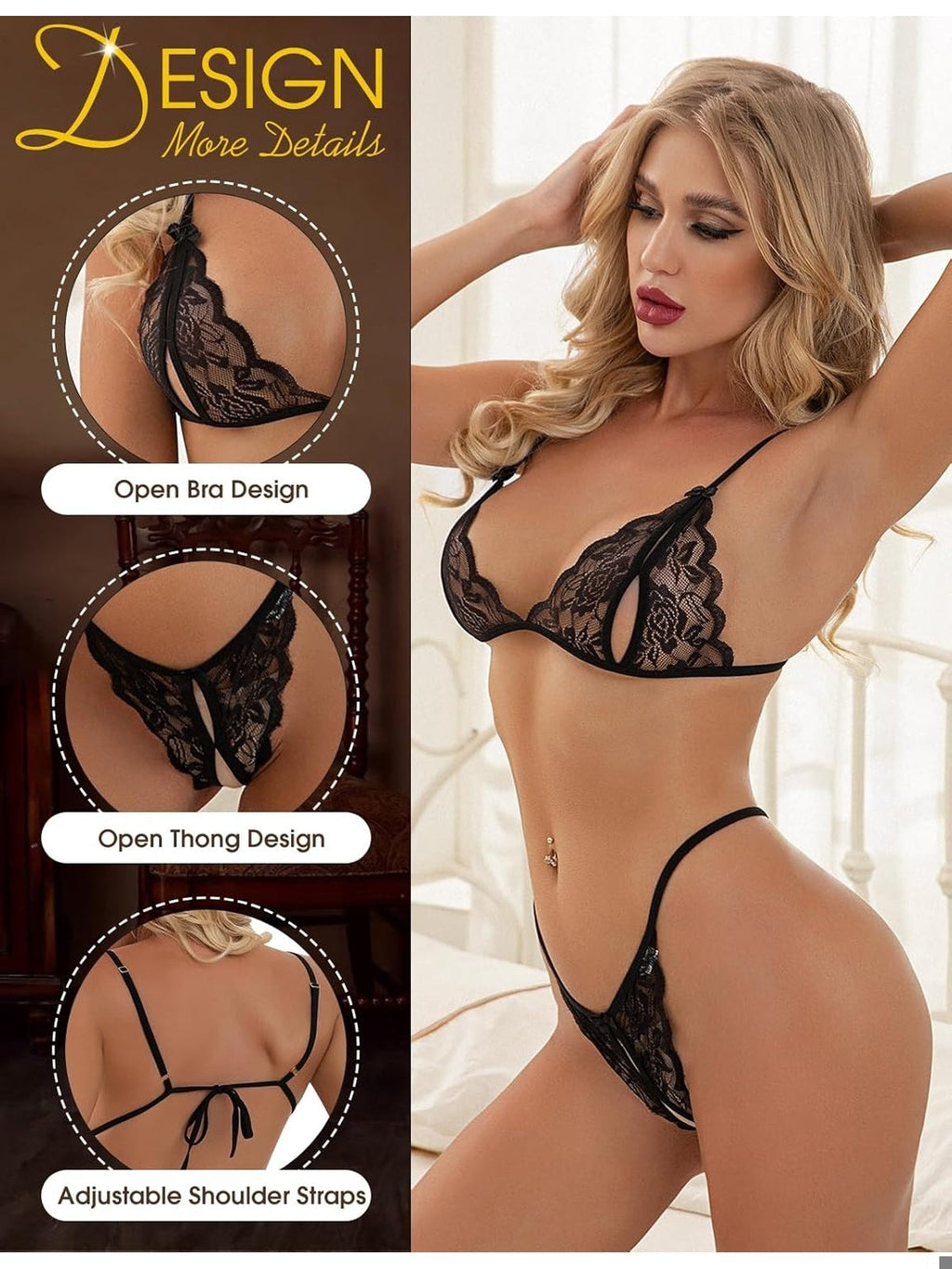 HEEKPEK Lenjerie intima sexy din dantela chilot tanga si sutien reglabil femei