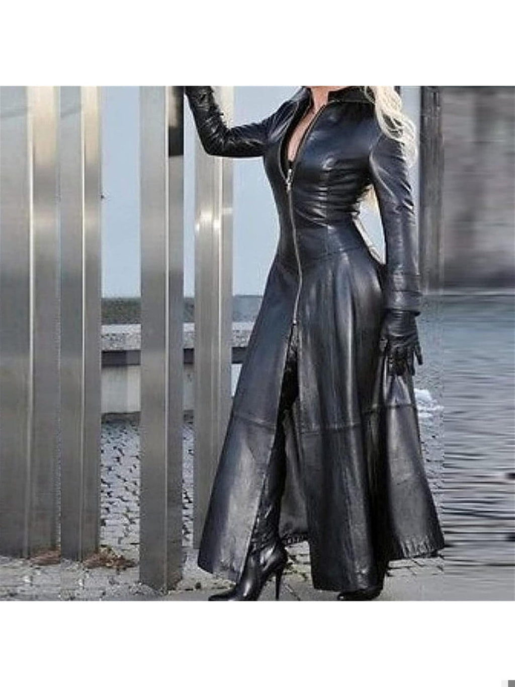 SKYWPOJU Rochie eleganta de club lunga din piele PU cu maneca lunga femei