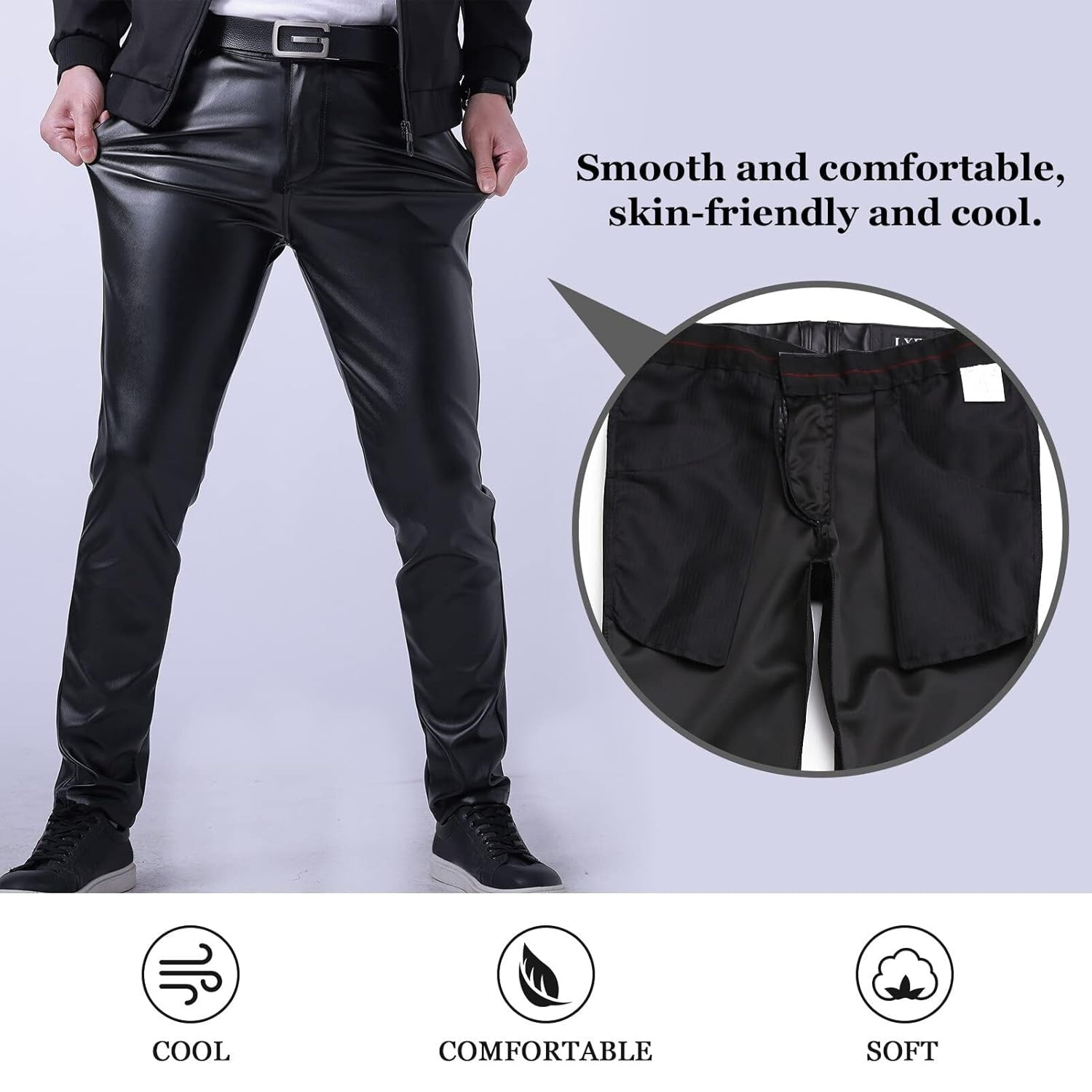 FEOYA Pantaloni piele ecologica Slim Fit barbati