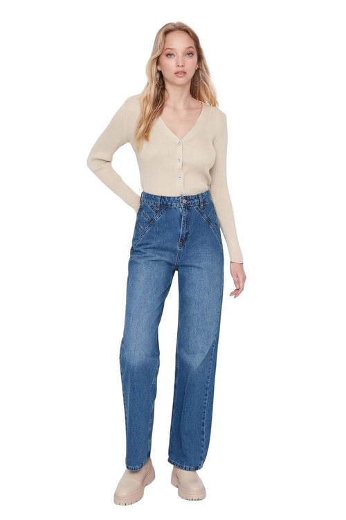 Blugi TRENDYOL femei High Waist Wide Leg Dark Blue