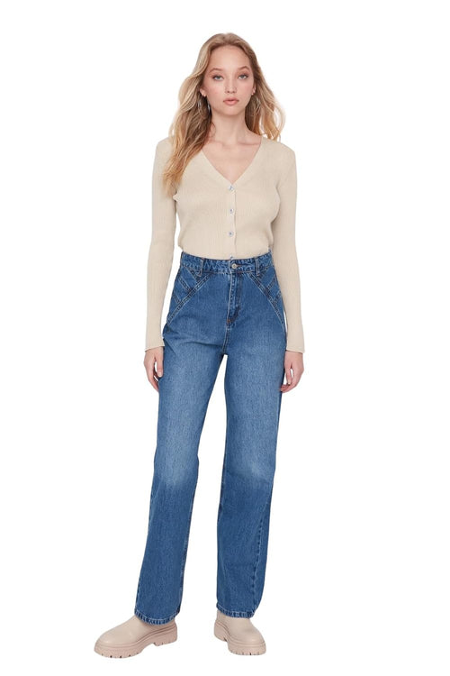 Blugi TRENDYOL femei High Waist Wide Leg Dark Blue