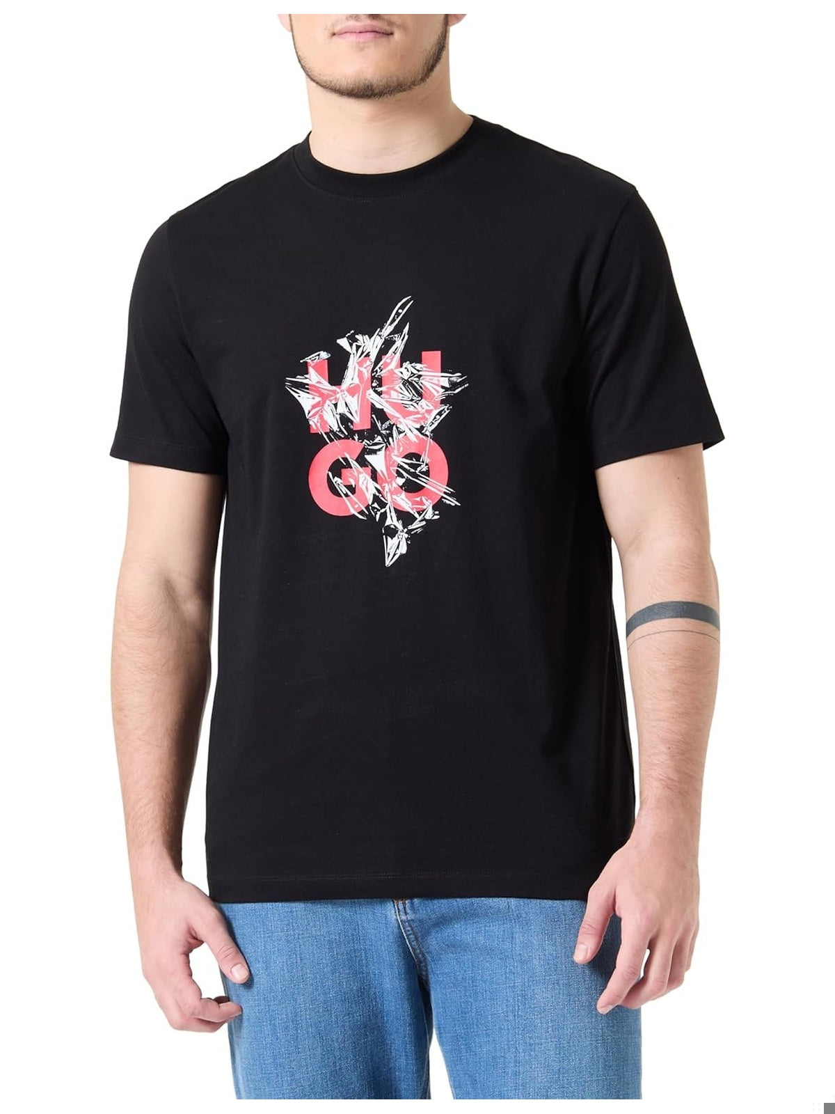 HUGO BOSS Tricou negru cu imprimeu Hugo alb/rozu barbati