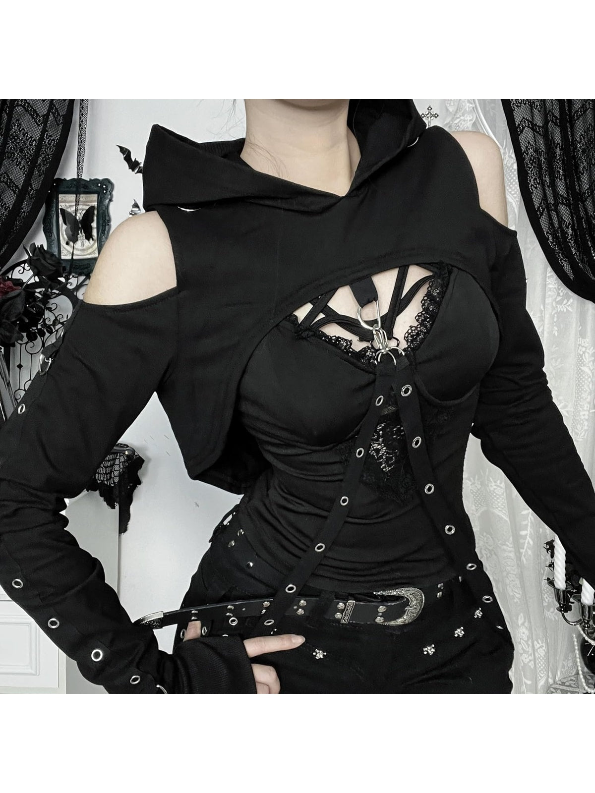 YINGWIN Hanorac crop top cu lant punk negru femei