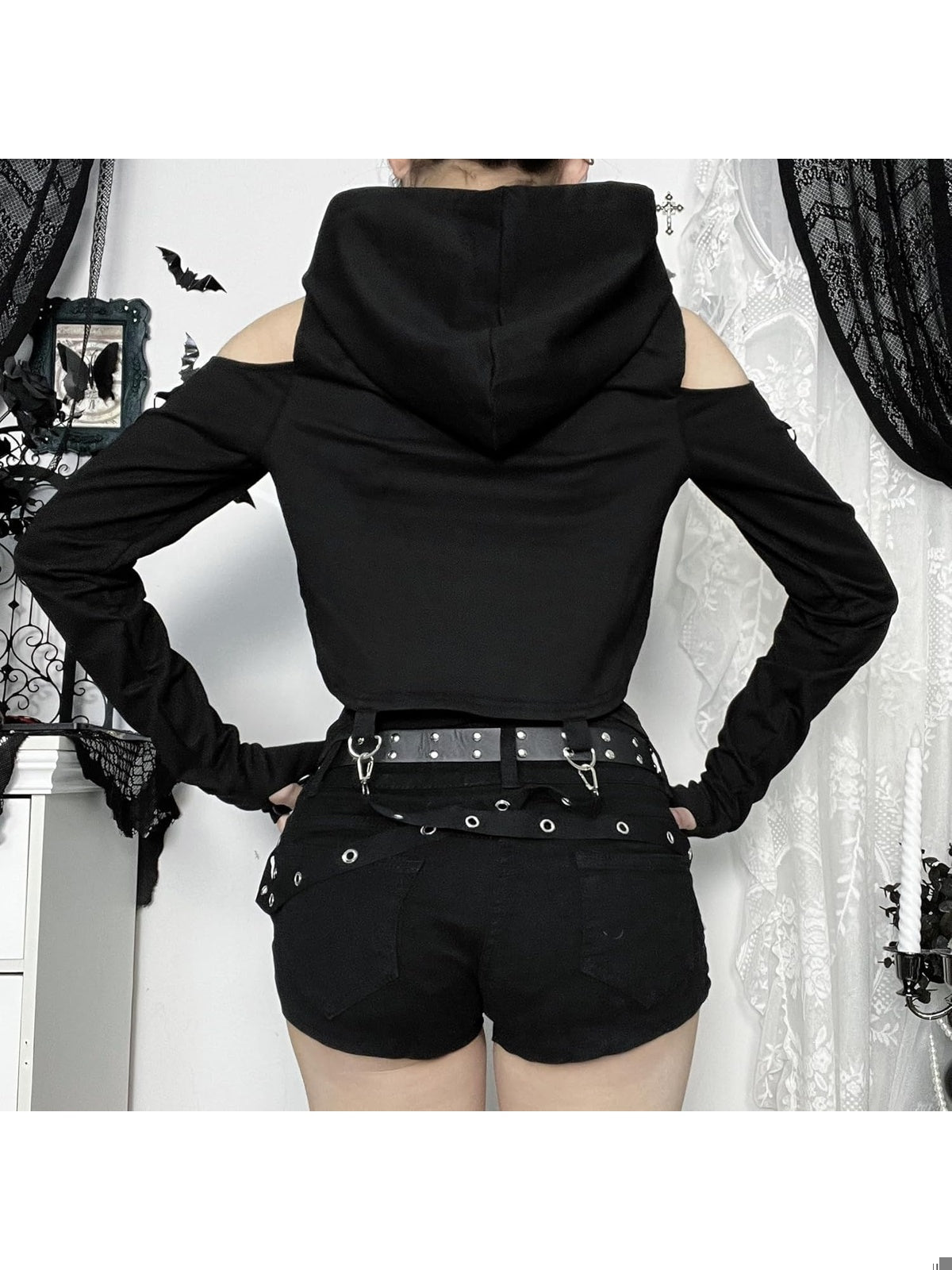 YINGWIN Hanorac crop top cu lant punk negru femei