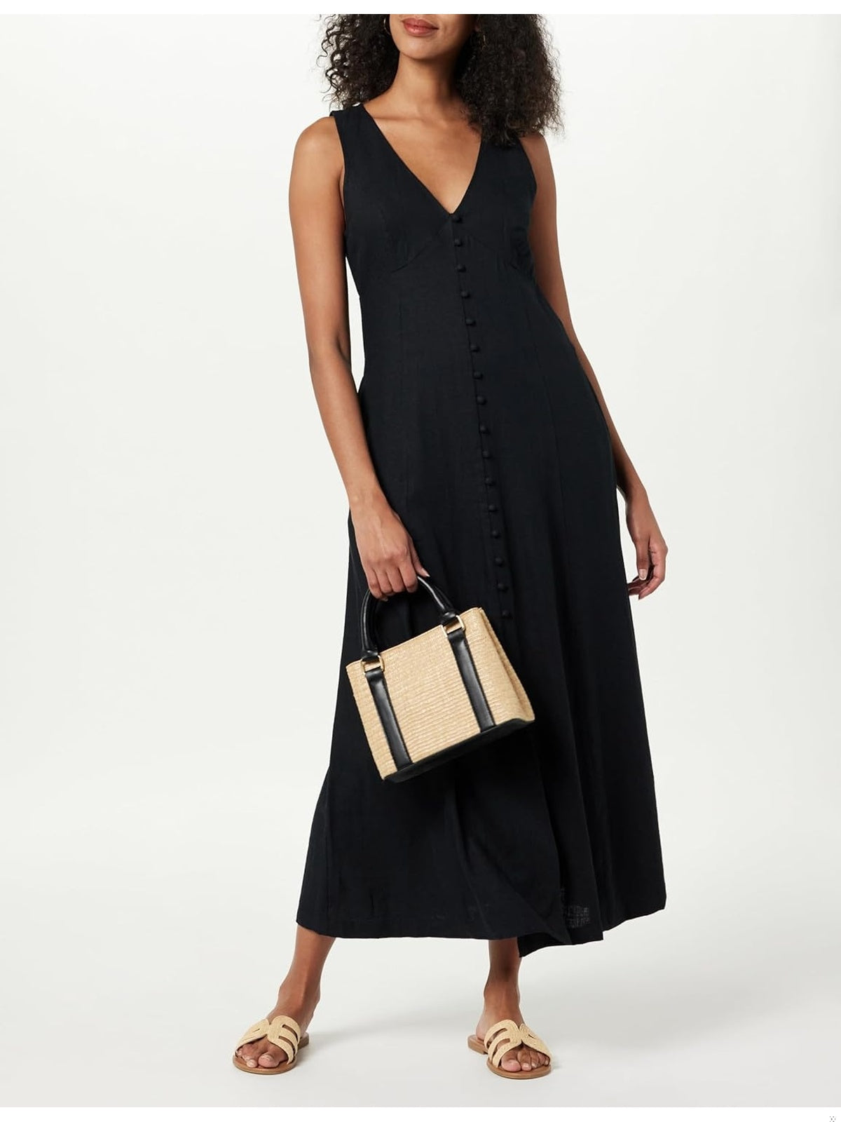 THE DROP Blanca Rochie lunga din in cu nasturi Orange v-neck femei