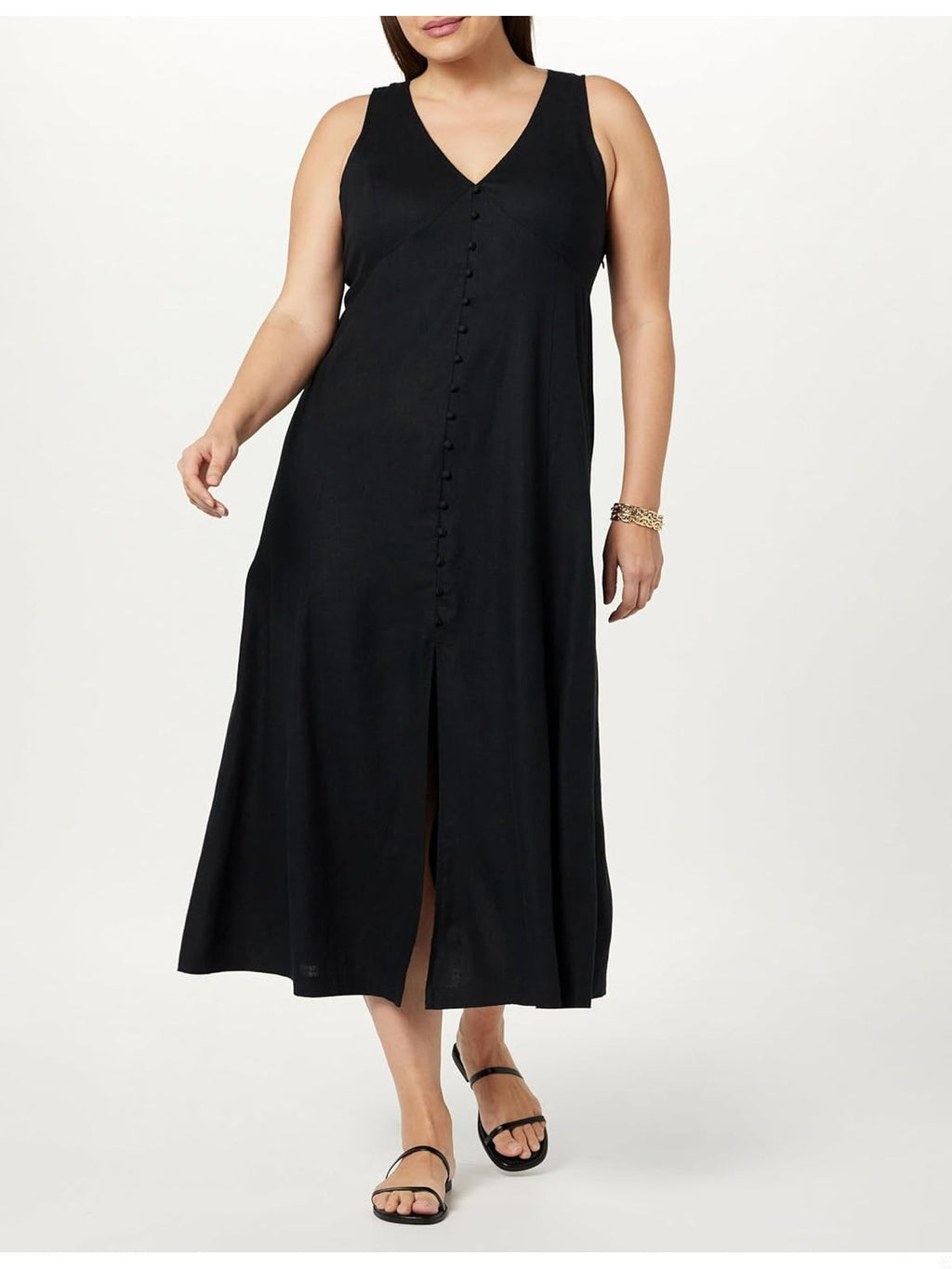 THE DROP Blanca Rochie lunga din in cu nasturi Orange v-neck femei