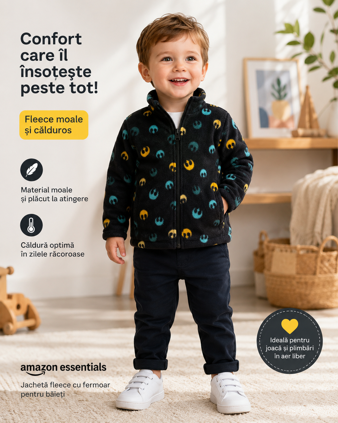 Jachetă fleece pentru copii Amazon Essentials cu fermoar