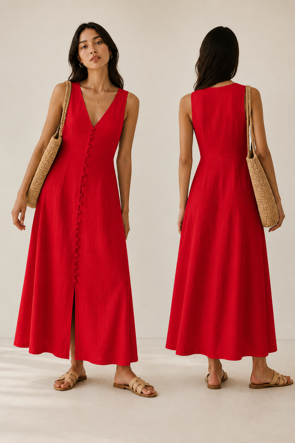 Rochie Maxi cu Decolteu în V și Nasturi Decorativi – The Drop