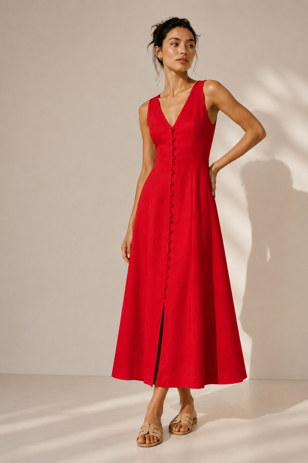 Rochie Maxi cu Decolteu în V și Nasturi Decorativi – The Drop
