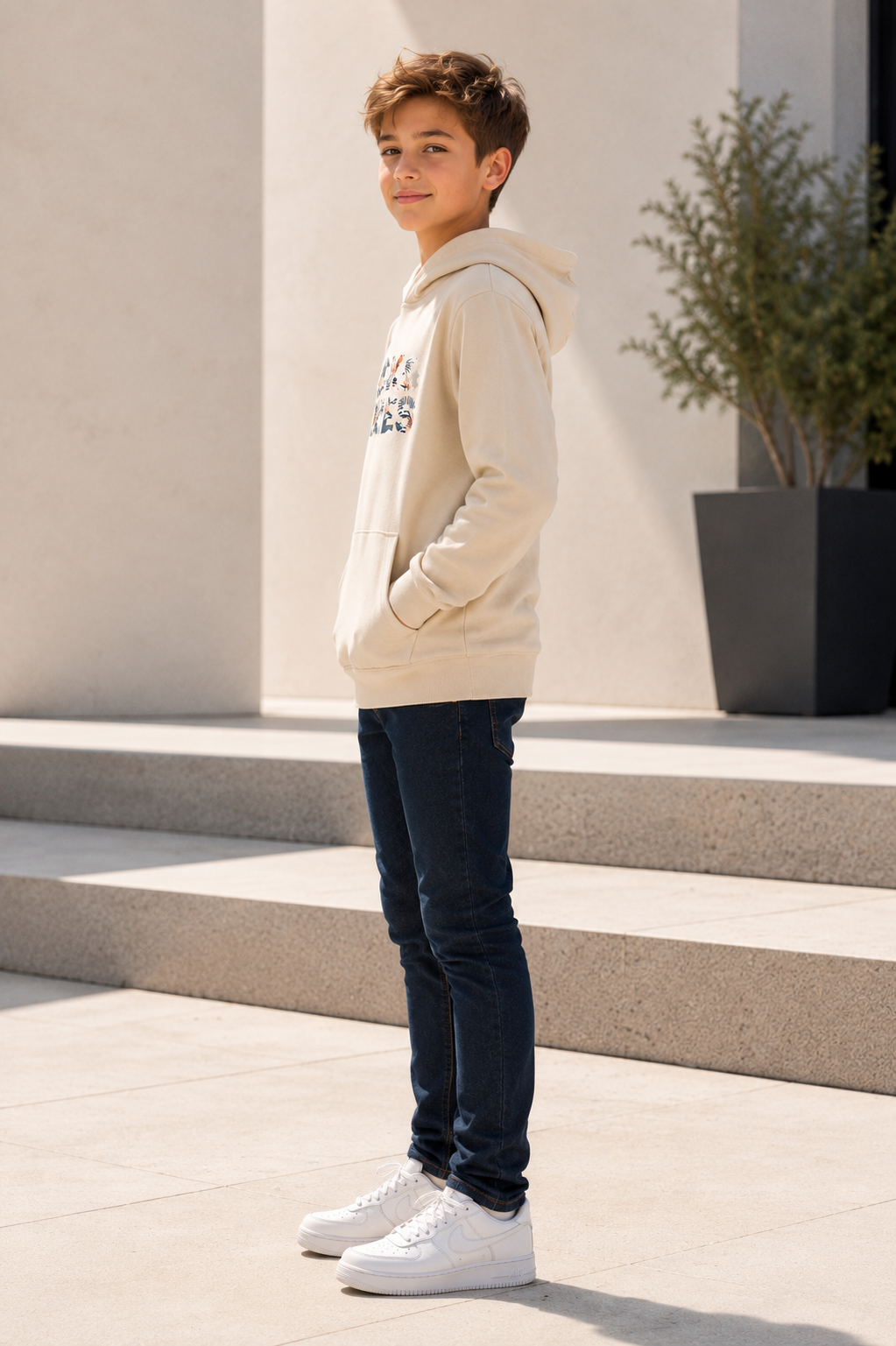 Hanorac copii Jack & Jones Junior JJEART Corp Logo cu glugă, Moonbeam, 100% bumbac