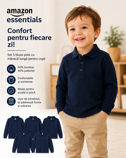AMAZON ESSENTIALS Set 5 tricouri polo copii cu mânecă lungă
