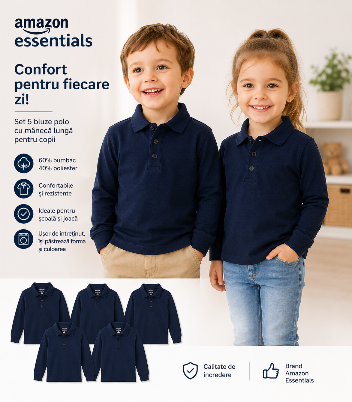 AMAZON ESSENTIALS Set 5 tricouri polo copii cu mânecă lungă