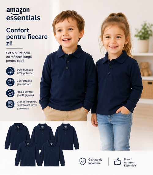 AMAZON ESSENTIALS Set 5 tricouri polo copii cu mânecă lungă